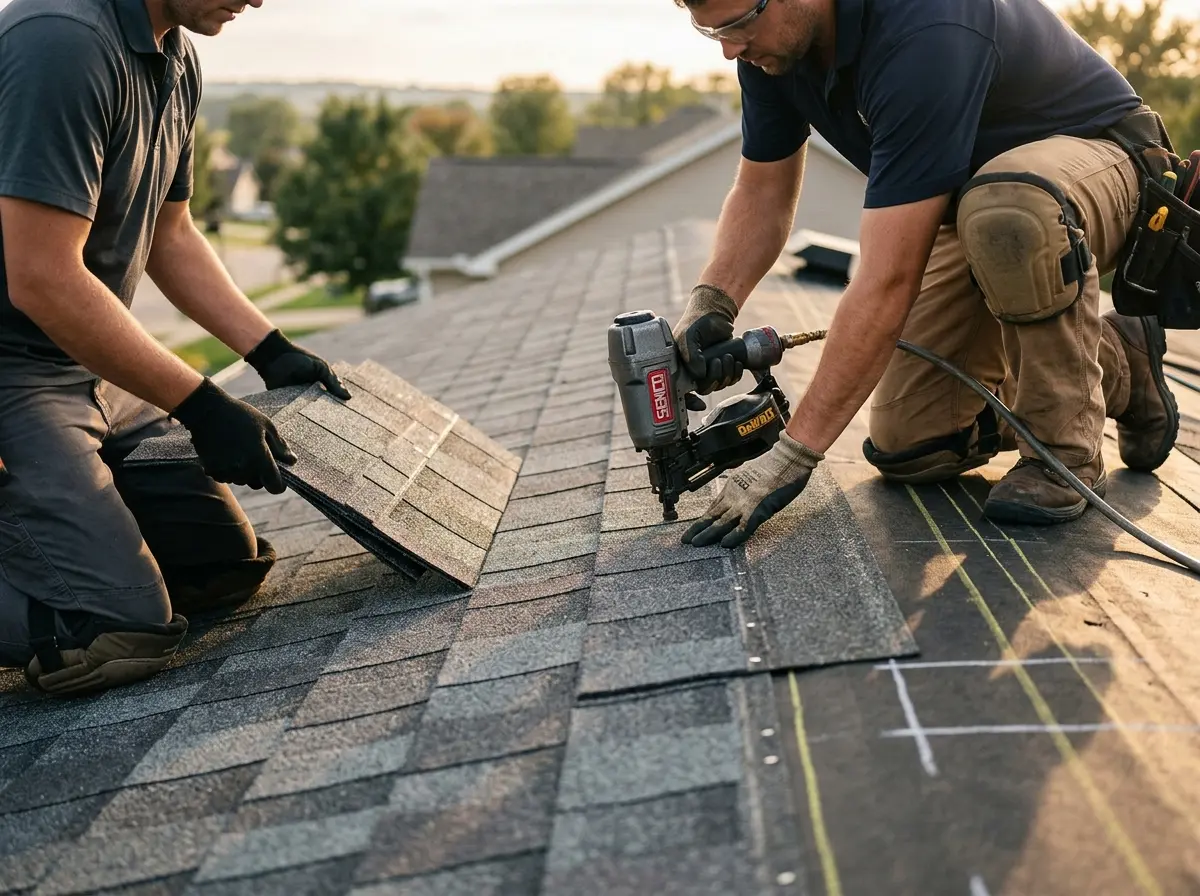 Professional roofer working on a residential roof in Litchfield Park